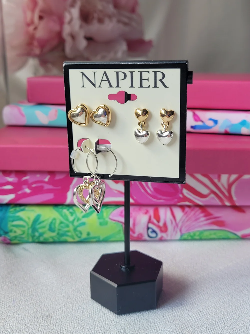 Napier Gold and Silver Heart Earring Trio - Picture 1 of 2